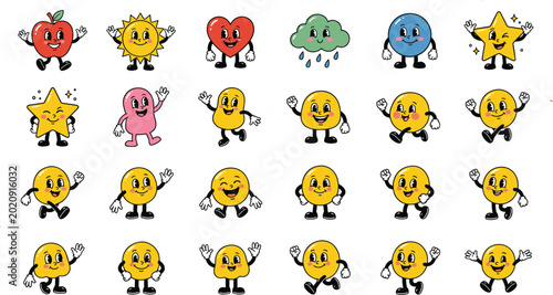 Foto retro groovy cartoon character mascot set featuring vintage 1930s rubber hose st