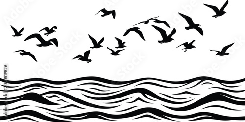 Canvas Print Black silhouette of flying seagulls over wavy ocean water flying birds ocean wav