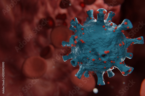 Photography 3D medical illustration of a blue virus particle with red surface proteins circulating in the bloodstream