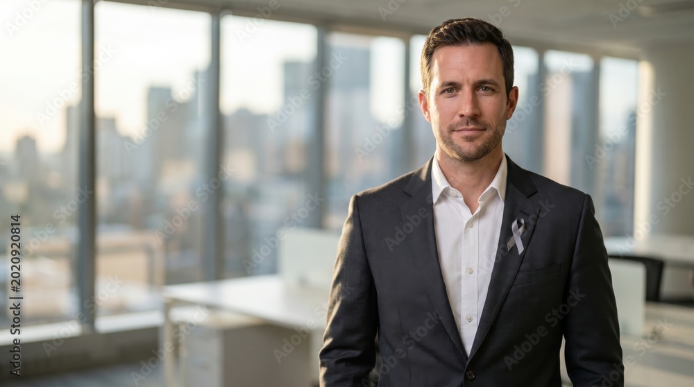 Fototapeta premium Confident businessman in a modern office with city views.