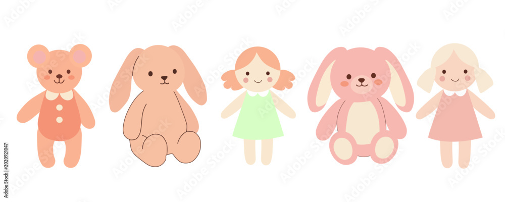 Obraz premium Collection of soft plush toys including teddy bear stuffed bunnies and small dolls in pastel pink orange and green outfits on white background for nursery room and early age playroom themes