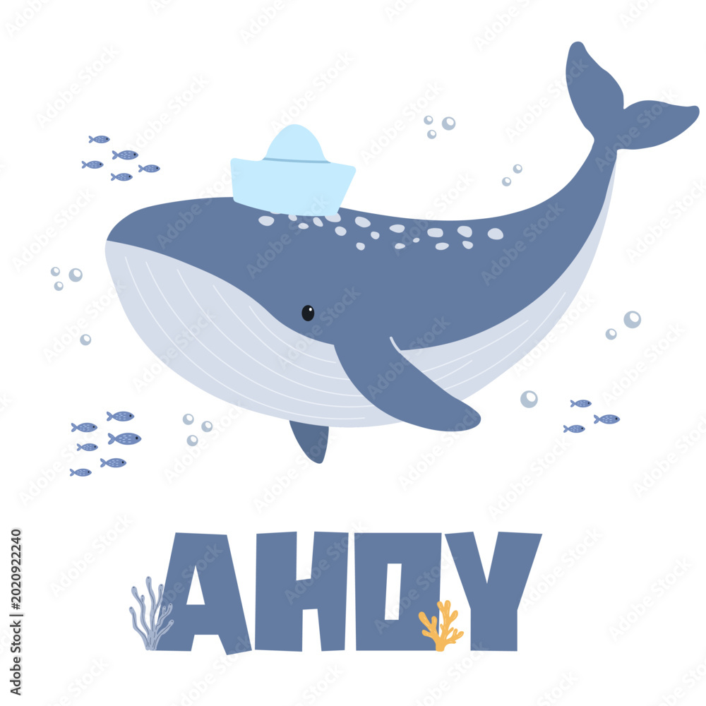 Ταπετσαρία Large blue whale wearing a paper boat hat swimming with small fish and air bubbl