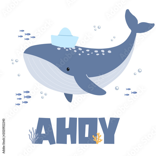 Photography Large blue whale wearing a paper boat hat swimming with small fish and air bubbl