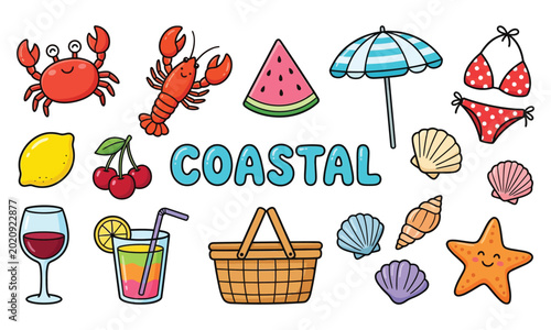 Summer coastal vacation elements set with beach items and sea creatures
