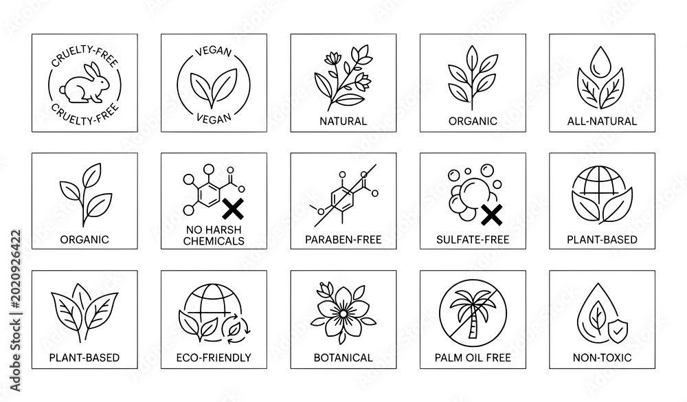 Εκτύπωση καμβά Collection of icons for natural organic plant-based products with cruelty free n