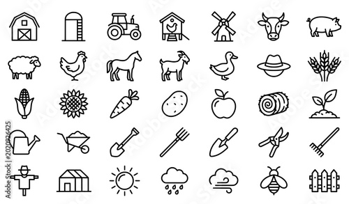 Cuadro en lienzo Farm icons set barn tractor animals plants tools with chicken coop hay bale wate