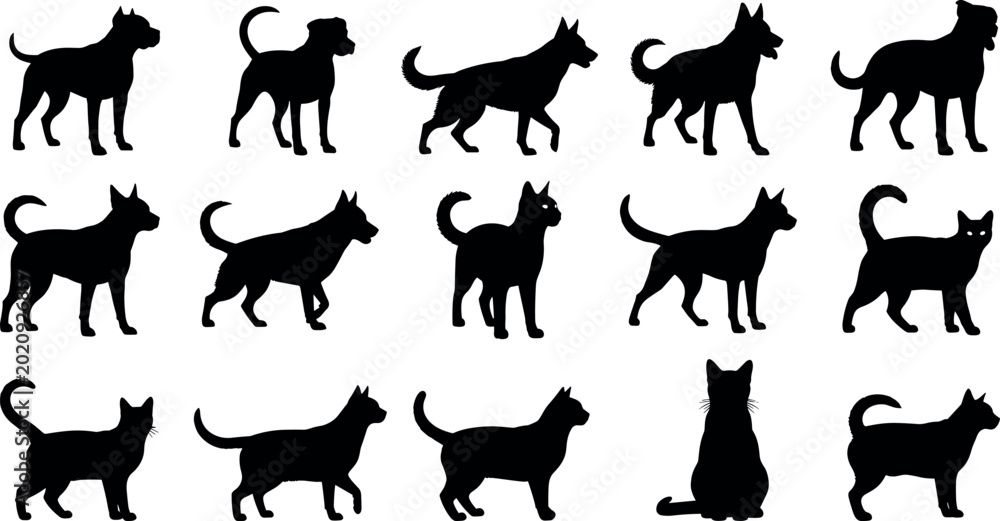 Fototapeta premium Dog and Cat Silhouette Collection with Domestic Pet Animal Poses Vector Illustration SetDog and Cat Silhouette Collection with Domestic Pet Animal Poses Vector Illustration Set