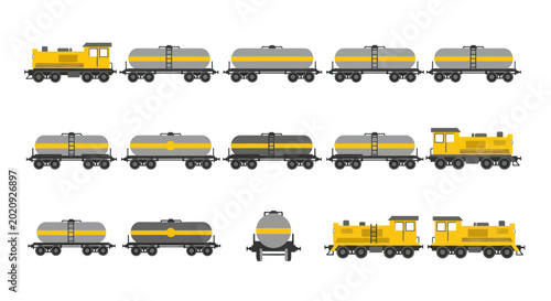 Schilderij op canvas Yellow Tanker Train Collection - Industrial Transportation Vector Set