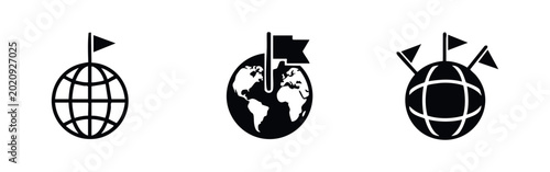 Quadro su tela International Presence and Global Location Icons Set with World Globe and Flags