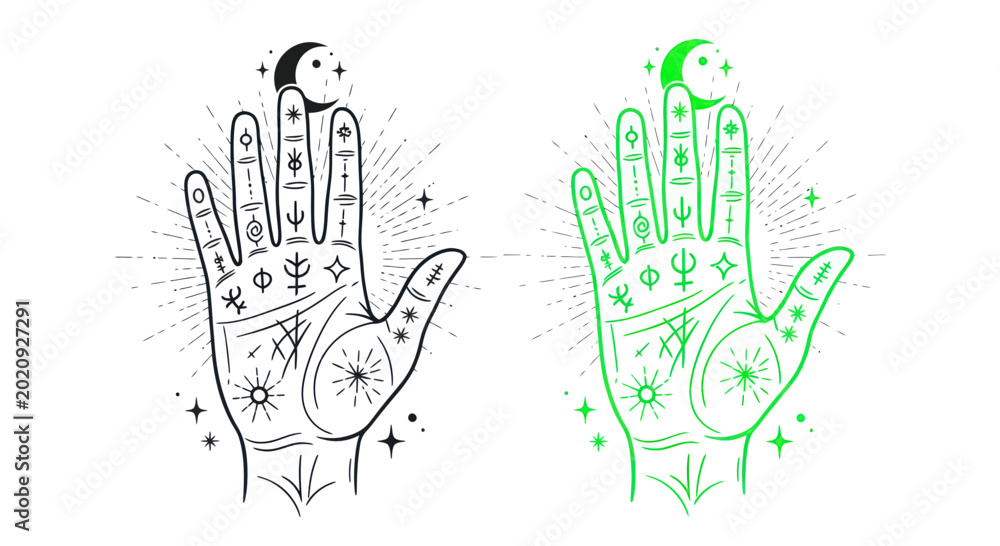 Fototapeta premium Mystical Palmistry Hand with Celestial Symbols and Moon