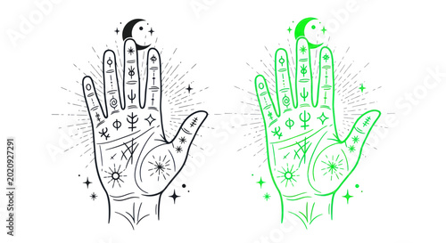Photos Mystical Palmistry Hand with Celestial Symbols and Moon
