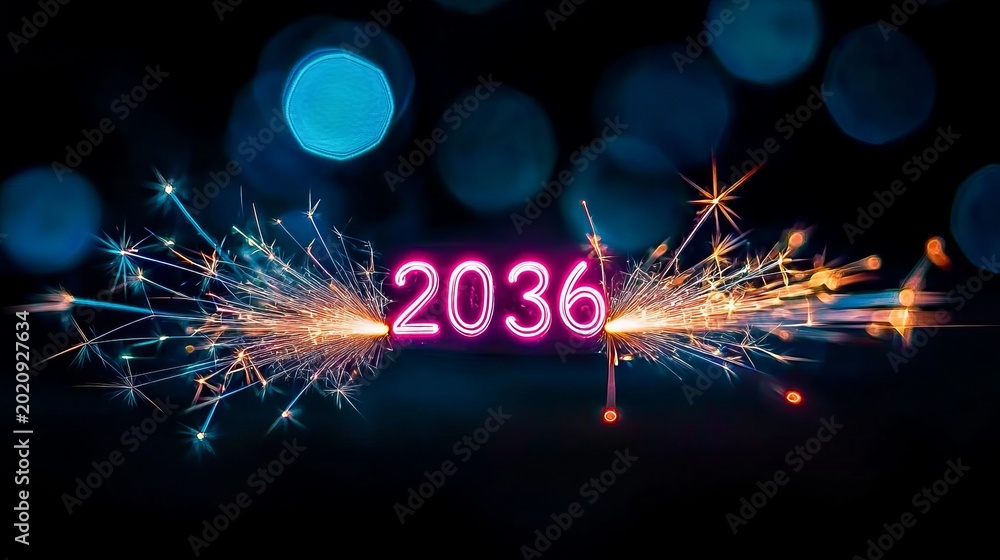 Fototapeta premium Vibrant New Year Eve 2036 Celebration with Sparkling Fireworks and Colorful Bokeh Effect