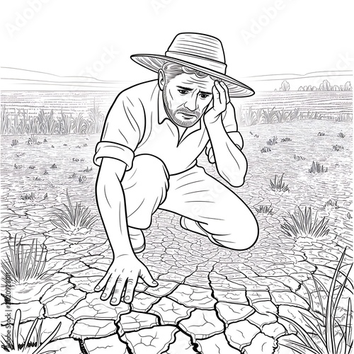 Farmer in straw hat distressed by cracked dry earth, drought agriculture concept.