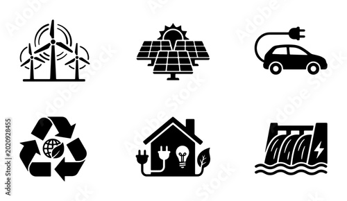 Bild auf Leinwand Eco-friendly energy icons set: wind turbines, solar panels, electric car, recycling, smart home, hydroelectric dam