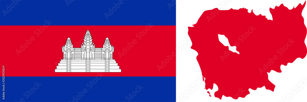 Φωτογραφία National Flag of Cambodia Featuring Blue and Red Horizontal Bands with a White Depiction of the Angkor Wat Temple Centered