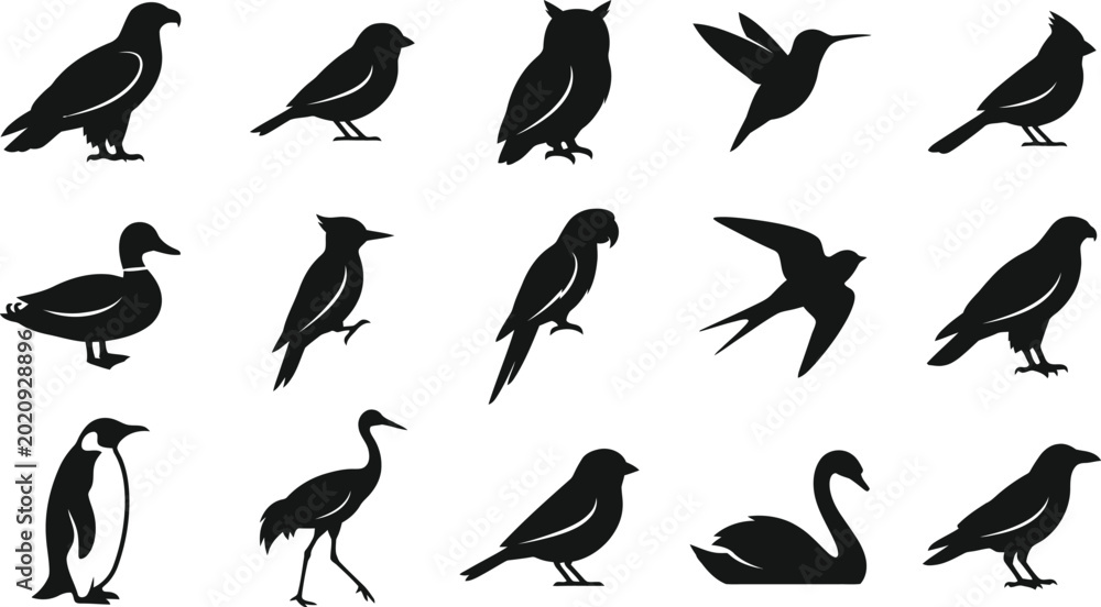 Φωτογραφία Black silhouettes of various birds, including penguins, swans, and other species