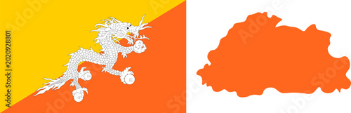 National Flag of Bhutan Featuring a Yellow and Orange Diagonally Divided Field with a Large White Druk Thunder Dragon Centered Holding Jewels. Bhutan National Flag and map design.
