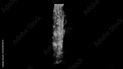 Stream of gray smoke or rushing water cascades downward in a waterfall effect against on alpha channel