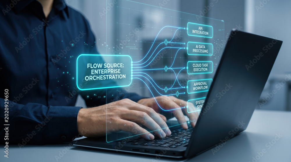 Fototapeta premium Digital process management and workflow optimization concept with professional using laptop beside futuristic orchestration dashboard for automation and business productivity