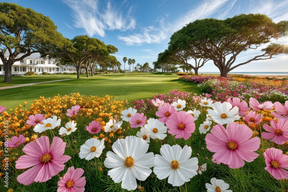 Fototapeta premium Blooming coastal flower field and manicured golf course under a bright blue sky