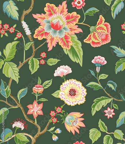Konstfotografi Chinoiserie Floral Seamless Pattern, Elegant Oriental Botanical Flowers and Bran