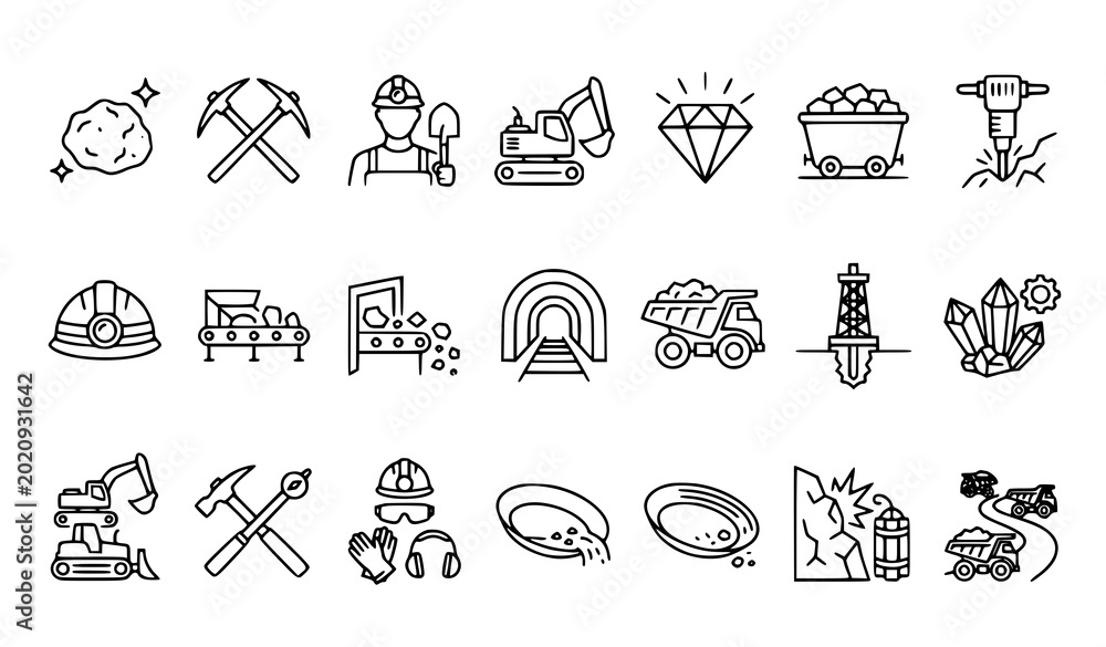 Fototapeta premium Mining and Quarry Outline Icons with Gold Diamond Excavator and Mineral Elements