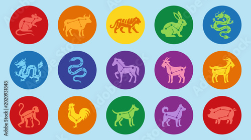 Photography Colorful zodiac animal icons on circles.