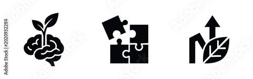 Quadro em tela Growth and psychology icons featuring plant growing from brain puzzle pieces and