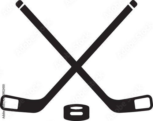 Photography A stark black and white illustration of two crossed hockey sticks, with a puck, instantly recognizable symbols of hockey