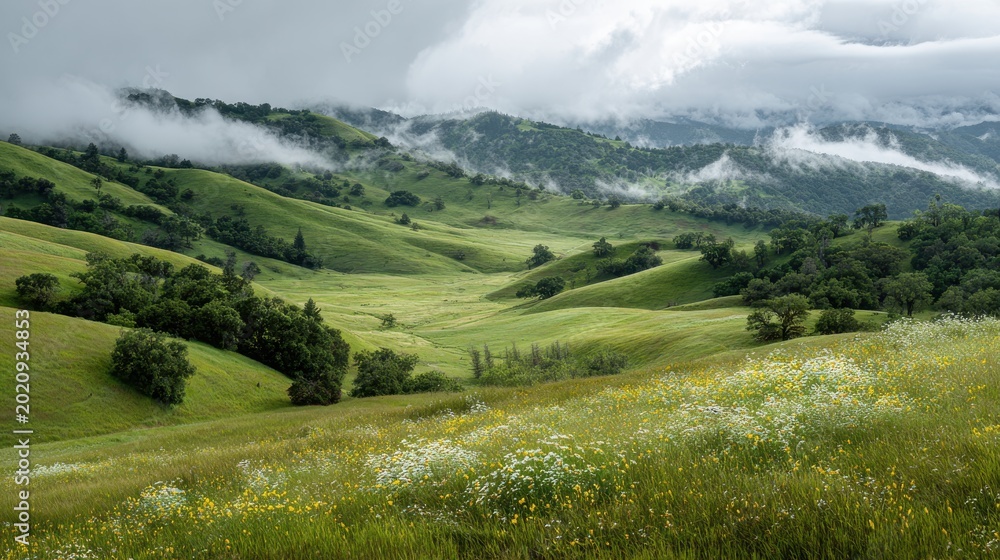 Naklejka premium Rolling green hills dotted with trees under a cloudy sky with mist. Vast rolling hills covered in lush green grass and scattered trees, with wisps of mist clinging to the distant mountains