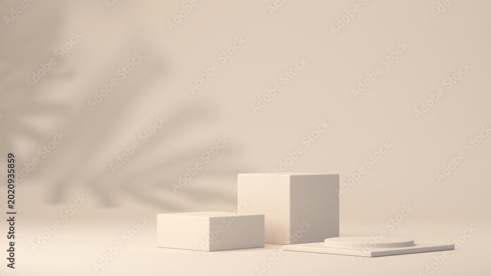 Αυτοκόλλητο Minimalist aesthetic scene with three empty podiums and a plant shadow in the background, in neutral colors