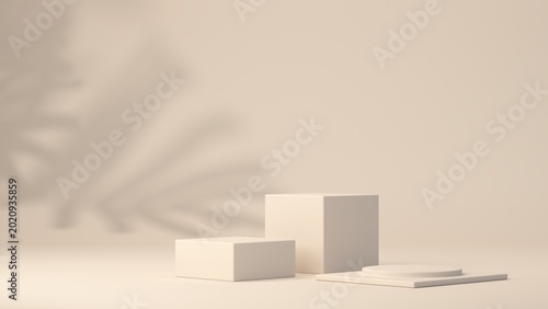 Εκτύπωση καμβά Minimalist aesthetic scene with three empty podiums and a plant shadow in the background, in neutral colors