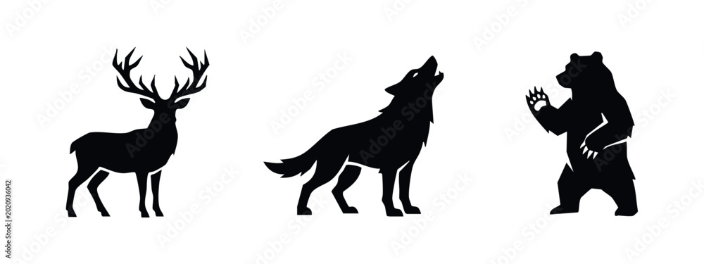 Fototapeta premium Wild Animals Silhouettes - Deer, Wolf, and Bear Icons
