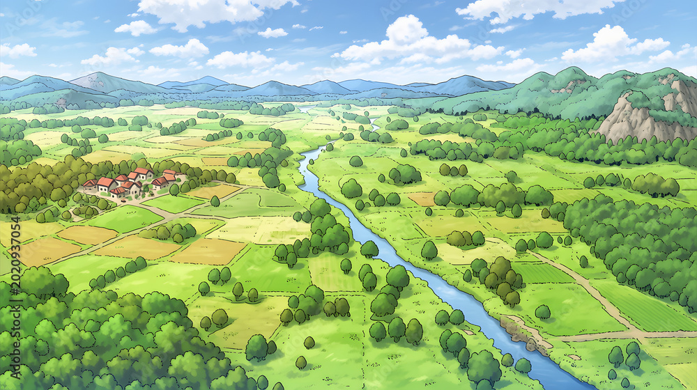 Fototapeta premium Breathtaking Landscape: Explore a Scenic View of Rolling Hills, Tranquil River, and Vibrant Fields in a Picturesque Countryside Setting