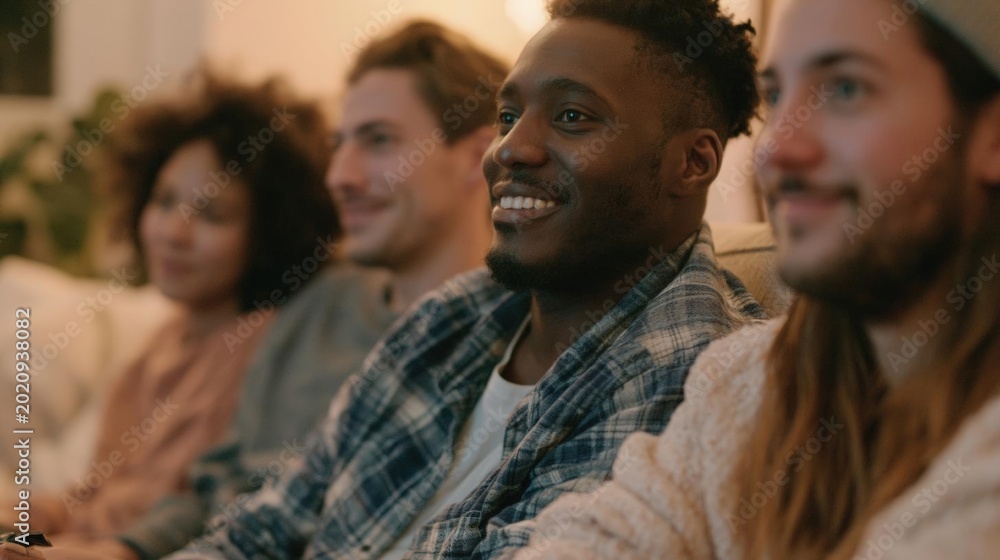 Fototapeta premium Group of four young people sitting on a couch in a living room. they are all smiling and appear to be engaged in a conversation. the man in the center is african-american and is wearing a plaid shirt.