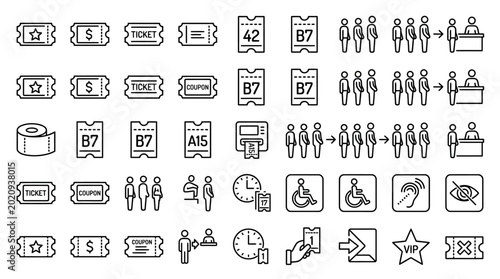 Collection of icons representing tickets, queues, and event entry processes.