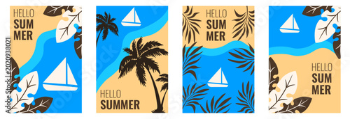 Summer Poster cover Set. Vector yacht palm tree leaves sea surface and beach with bold Hello Summer message. Italian card collection. EPS 10