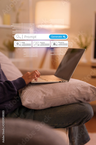 business professional using laptop computer with ai artificial intelligence search interface prompt generate buttons working from home cozy living room modern