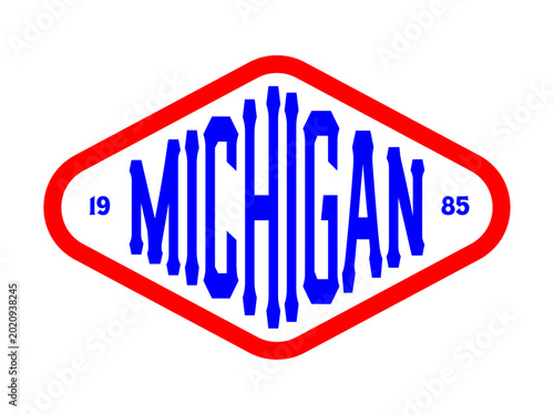 Vintage-style Michigan 1985 typography logo in a red diamond frame.