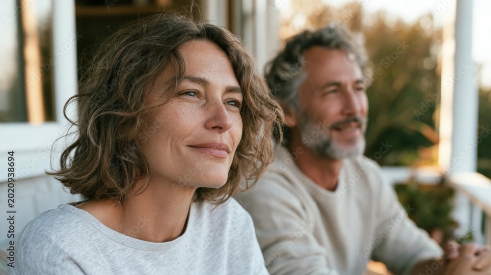 Obraz premium Middle-aged couple sitting on a porch, looking out the window. the woman is on the left side of the image, with shoulder-length curly hair and a slight smile on her face.