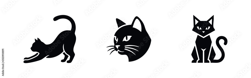 Obraz premium Cat Icons Set: Stretching, Profile Head, and Sitting Poses
