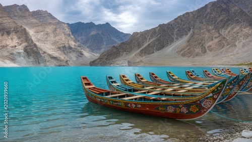 Colorful wooden boats, turquoise lake, mountain landscape, serene travel destination, adventure tourism
