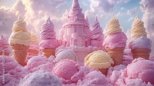 Fantasy ice cream castle and cones dessert illustration