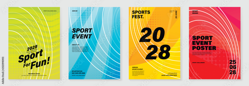 Obraz premium Sport event poster abstract speed vector set. Dynamic running marathon fitness flyer templates with motion lines, stadium track background and bold typography design for banner, competition and promot