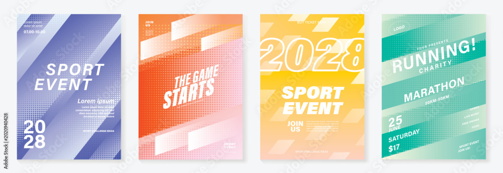 Naklejka premium Sport event poster abstract speed vector set. Dynamic running marathon fitness flyer templates with motion lines, stadium track background and bold typography design for banner, competition and promot