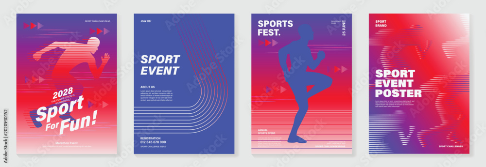 Fototapeta premium Running charity 5K event poster vector set. Colorful fun run marathon flyer templates with athlete illustration, race track, sport typography and fitness design for banner, invitation and promotion.