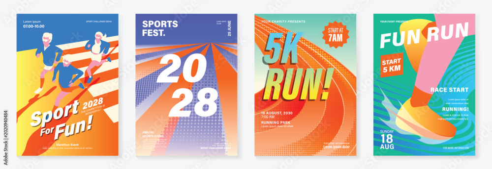 Fototapeta premium Running charity 5K event poster vector set. Colorful fun run marathon flyer templates with athlete illustration, race track, sport typography and fitness design for banner, invitation and promotion.