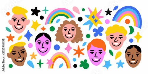 Foto diverse faces with abstract doodles and rainbows colorful illustration