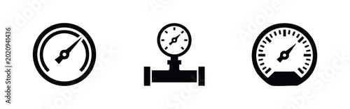 Photos A set of three minimalist black pressure gauge and manometer icons on a white background, representing industrial measurement and control systems
