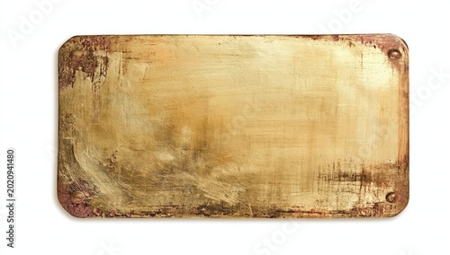 A weathered, rusty metal plate with a golden hue, showing signs of wear and corrosion along the edges and surface.